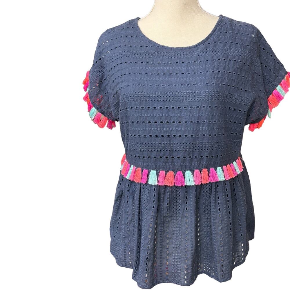 ANDREE by Unit Navy Eyelet Top with Fringe Size Small